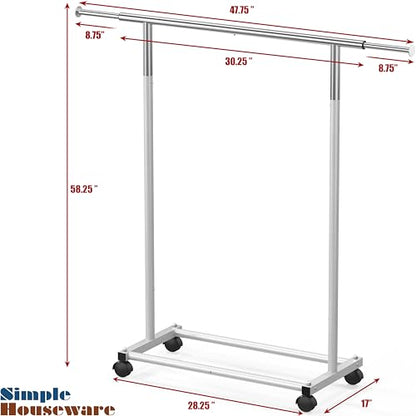 Simple Houseware Standard Rod Garment Clothing Rack, Silver | Single Rail, Extendable Width from 30 to 47 Inches, Rolling Clothing Organizer for Bedroom, Laundry, Living Room - color: Silver