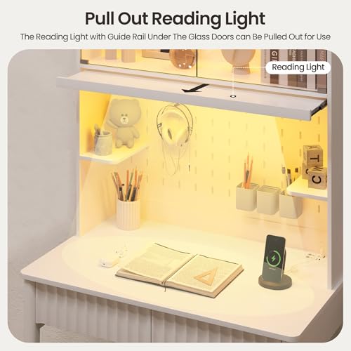 Lvifur 31.5" LEDStudy Desk with Drawer,Hutch,Reading Lights | Computer Desk with Charging Station,2 Drawer,Compact Writing Desks,Home Office Desks for Bedroom,White - color: White-a
