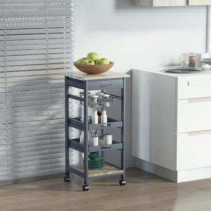 HOMCOM Mobile Kitchen Cart with Storage Solid Wood Frame Utility Cart Gray | Rolling Kitchen Island, Wire Fruit Baskets, Trays, Drawer - color: Grey
