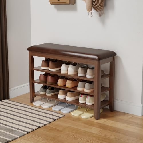 AQIMUELE Shoe Bench with Leather Cushion, 3 Tiers Shoe Storage Bench Height Adjustable, Walnut Wood Entryway Bench for Hallway, Mudroom - color: Walnut, size: 31.5"