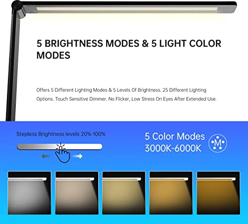 Ambertronix LED Desk Lamp with USB Charging Port, Dimmable Eye-Caring Reading Desk Light for Home, with 5 Brightness Level & 3 Lighting Modes, Touch Control, Auto Timer (Black) - style: Black 1.0