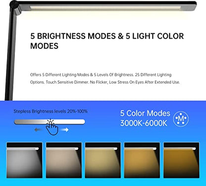 Ambertronix LED Desk Lamp with USB Charging Port, Dimmable Eye-Caring Reading Desk Light for Home, with 5 Brightness Level & 3 Lighting Modes, Touch Control, Auto Timer (Black) - style: Black 1.0