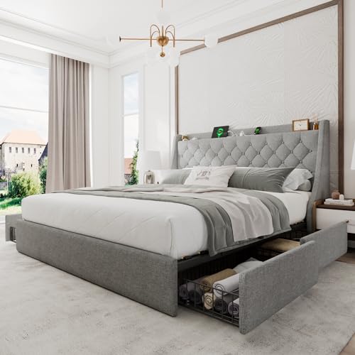 Einhomn Upholstered King Size Bed Frame with 4 Storage Drawers, Modern Platform Bed with Wingback Headboard, Charging Station, No Box Spring Needed, Light Grey - color: Light Gray, size: King