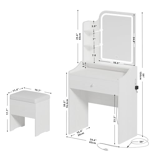 LIKIMIO Small Vanity Desk with Mirror Lights and Storage Stool | White compact vanity with 3 light modes, charging station, storage drawer, 3 shelves and upholstered stool - color: White