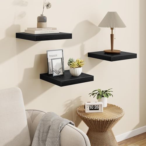 Vivelove Square Floating Shelves 12x12” Set of 2, Black | Easy Install with Hardware, Invisible Brackets, No Sagging, Living Room Display Shelf, 2" Thick，Engineered Wood - color: Black, size: 12”wx12”dx2”h