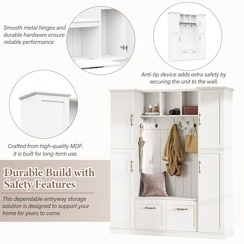 JIVOIT Farmhouse Hall Tree with 4 Side Cabinets, Adjustable Shelves & Open Cubbies, All-in-One Mudroom Furniture, Beadboard Entryway Bench with Coat Rack & 5 Hooks for Hallway (White,152) - color: White,152