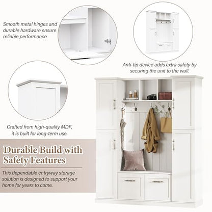 JIVOIT Farmhouse Hall Tree with 4 Side Cabinets, Adjustable Shelves & Open Cubbies, All-in-One Mudroom Furniture, Beadboard Entryway Bench with Coat Rack & 5 Hooks for Hallway (White,152) - color: White,152