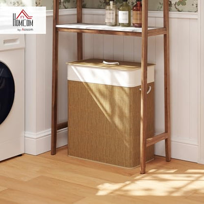 HOMCOM Double Laundry Basket with Lid 26.4 Gallon Bamboo Hamper Brown | Rope Handles, Clothes Hamper, Removable Liner, Bathroom, Bedroom - color: Brown