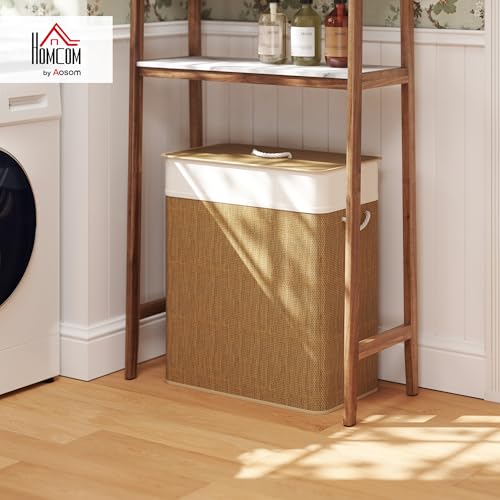 HOMCOM Double Laundry Basket with Lid 26.4 Gallon Bamboo Hamper Brown | Rope Handles, Clothes Hamper, Removable Liner, Bathroom, Bedroom - color: Brown