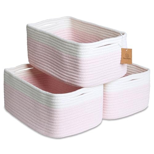 NaturalCozy 13.5”x8.5”x5.5” Rectangle Storage Baskets for Shelves 3 Pack | Cotton Rope Woven Small Baskets for Organizing | Small Storage Bins for Nursery, Bathroom, Closet, Shelf, Decorative - color: Off White & Mixed Pink, size: 13.5" x 8.5" x 5.5"