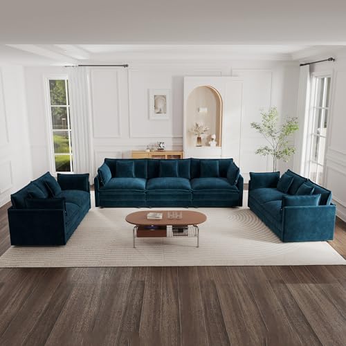 Luxury Oversized 3 Piece Sofa Set, 2 Pieces of 2 Seater and 1 Piece of 3 Seater Sofa, Modern Chenille Comfy Cloud Couches Set with 13 Pillow for Living Room Office, Blue - color: Blue, size: 3+2+2