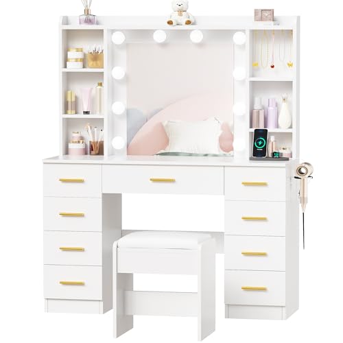 ANWBROAD 9-Drawer Makeup Vanity Desk with Mirror and Lights, White | Vanity Table with Cushioned Stool, 3 Colors Lights, Power Outlet, 6 Open Shelves, 5 Hooks Dressing Table for Girls Women
