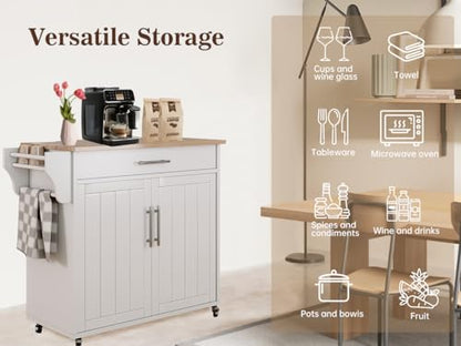 Kitchen Storage Island, Wooden Rolling Island On Wheels with Wood Top, Mobile Kitchen Island Cart with Towel Rack, Spice Rack and Drawers, White - color: White