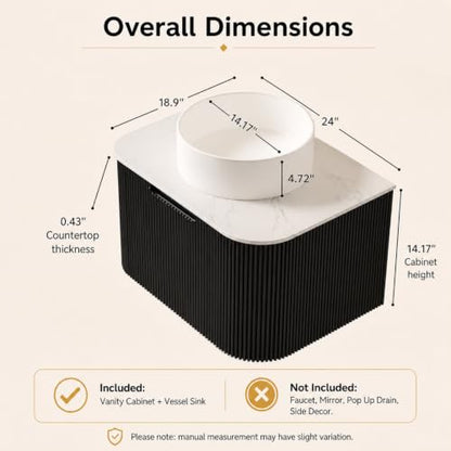 24" Floating Bathroom Vanity with Sink, Wall Mounted Plywood Cabinet, Black Fluted Front, Sintered Stone Countertop, White Round Ceramic Vessel Sink, Soft-Close Drawer, Pre-Assembled - color: Black Cabinet / White Sink, size: 24 Inch