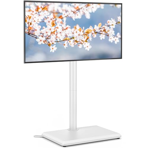 Rfiver Floor TV Stand with Mount for 32-65 inch TVs up to 88 lbs, Swivel Height AdjustableTV Floor Stand, Tall TV Stand with Wood Base, Saving Space Design for Living Room, Bedroom and Corner - color: Snow White
