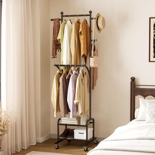 Rolling Clothes Rack with 2 Shelves, Small Metal Clothing Rack with Wheels | Gasvadivum 71" Tall Sturdy Garment Rack with 3 Hanging Rods, Freestanding Portable Coat Rack for Bedroom, Entryway, Black - color: Black