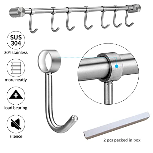 Mug Hanger Rods 16 Inch 2 pcs, 304 Stainless Steel Mug Organizer Tea Coffee Cups Hanging Holder With Sliding Hooks, for Wall Mounted or Under Cabinet, Hanging Rods Silver Chrome Screws Fixed (Silver)