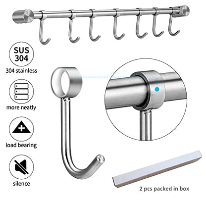 Mug Hanger Rods 16 Inch 2 pcs, 304 Stainless Steel Mug Organizer Tea Coffee Cups Hanging Holder With Sliding Hooks, for Wall Mounted or Under Cabinet, Hanging Rods Silver Chrome Screws Fixed (Silver)