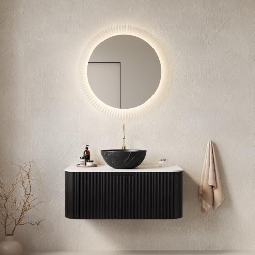 36" Floating Bathroom Vanity with Sink, Wall Mounted Plywood Cabinet, Black Fluted Front, Sintered Stone Countertop, Black Marble-Look Ceramic Bowl Vessel Sink, Soft-Close Drawer, Pre-Assembled - color: Black Cabinet / Black Marble Bowl Sink, size: 36 Inc