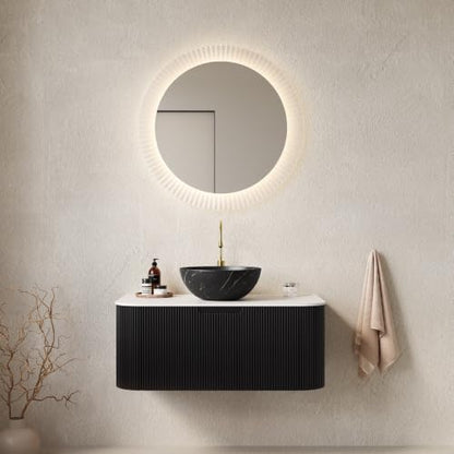 36" Floating Bathroom Vanity with Sink, Wall Mounted Plywood Cabinet, Black Fluted Front, Sintered Stone Countertop, Black Marble-Look Ceramic Bowl Vessel Sink, Soft-Close Drawer, Pre-Assembled - color: Black Cabinet / Black Marble Bowl Sink, size: 36 Inc