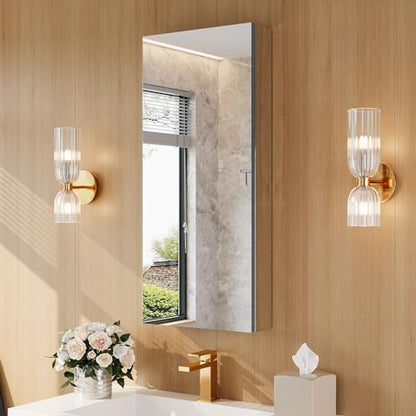16" x 36" Bathroom Medicine Cabinet with Mirror, Recessed or Wall Mount | Medicine Cabinets with Adjustable Glass Shelves, Soft-Closed Hinge, Chrome Aluminum Frame, Reverse Installation - size: 16" x 36"
