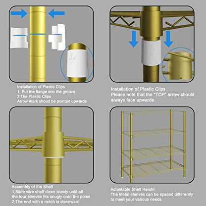 XIOFIO 6 Tiers Heavy Duty Garment Rack,Clothing Storage Organizer, Metal Clothing Rack,Clothing Rack with Hanging Rod,Adjustable Shelf and Fixed Baskets,60.7"L x 15.7"W x 70.5"H Max Load 720LBS,Gold - color: Gold