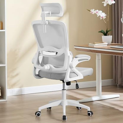Ergonomic Office Chair,Mesh Office Chair with Lumbar Support,High Back Desk Chair with Flip-up Arms,400 lbs Big and Tall Computer Chair with Headrest,Comfy Desk Chairs (Light Grey) - color: Light Grey