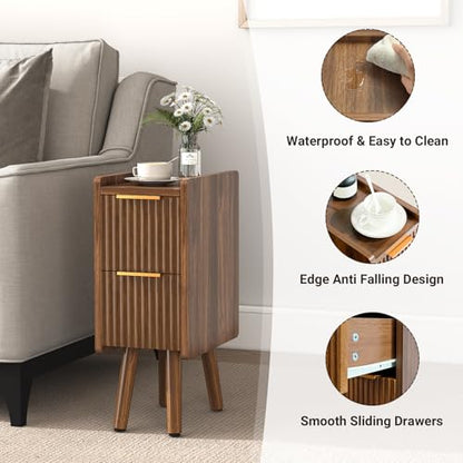 ELYKEN 7.9" Fluted Narrow Nightstand, 20.6" H Skinny Side Table, Walnut | Compact Design for Small Spaces, 2 Drawers, Wood Grain Finish, Perfect as Bedside Table, End Table or Sofa Side Table - color: Walnut-1 Pcs