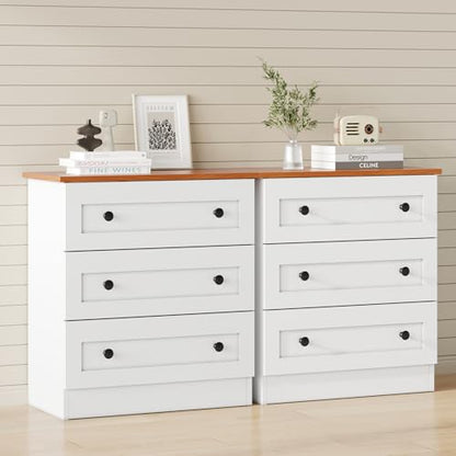 Furnify 3 Drawer Dresser Set of 2, Modern Chest of Drawers, White & Walnut | Farmhouse Wood Nightstand Bedside Cabinet End Table, Modern Closet Storage Organizer for Bedroom, Living Room - size: 11.8"D x 22.8"W x 25.2"H (6 Drawers)