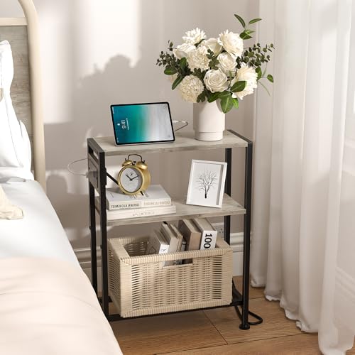 Small Narrow Side Table with Charging Station, Skinny End Table for Small Spaces, Slim Nightstand with Outlets, Sofa Bedside Table in Living Room, Bedroom, Kitchen and Balcony (Greige) - color: Greige