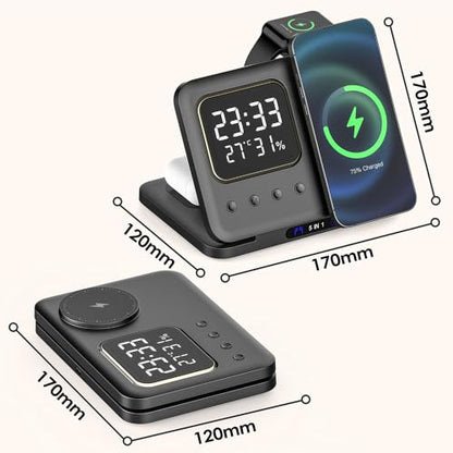 IHAO 5in1 Multi Functional Wireless Charger with Digital Clock 15W Fast Charge Night Light Temperature Display MagSafe Compliant for iPhone iWatch and Qi Headphone-DH13 White - color: 5IN1 MagSafe Compliant DH13 White