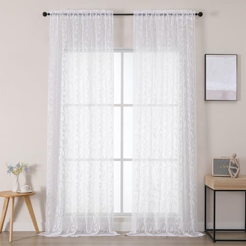 Furman Extra Long Sheer White Curtains 96 inches Long for Bedroom Living Room 2 Panels Set, Light Filtering Soft Semi Sheer Jacquard Clip Farmhouse Curtains Rod Pocket Design, 52Wx96L inch - color: White, size: 52"W x 96"L (Pack of 2)