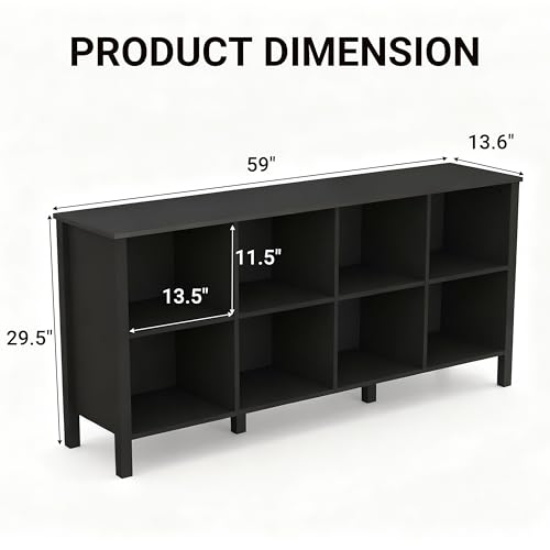 8-Cube Bookcase, Farmhouse Wooden Bookshelf Low Storage Organizer, 59" Horizontal Black Console with Legs, Hallway Book Case for Entryway, Display Cabinet for Living Room (Black, 8-Cube) - color: Black, size: 8-Cube