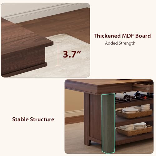 Farmhouse Dining Counter Height Table with Wine Rack & 3 Shelves, 36" Wooden Tall Dining Table with 2 Drawers, Thick Frame Counter Height Kitchen Table for Bar & Entertaining, Retro Brown - color: Retro Brown