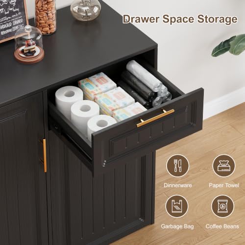 ZIFTY Pull Out Trash Can Cabinet with Storage, 13 Gallon Trash Can, Black | Pet Proof, Freestanding Kitchen Cabinet, Drawer & Adjustable Shelf, Garbage Recycling, Modern Farmhouse Waste Bin Furniture - color: Black, size: 34.3"W X 16.3"D X 33.5"H