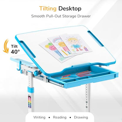 Mount-It! Kids Desk and Chair Set, Height Adjustable Sturdy, Kid Study Workstation and Chair Set for Boys, Home School, Arts, Drawing, Crafts, Ergonomic Childrens Storage Drawer Blue - color: Blue