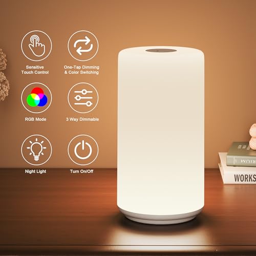 Touch Bedside Table Lamp, [RGB Mode] 3 Way Dimmable Warm White Lights for Bedroom, Multi-Color Smart Nightstand Lamp Desktop LED Lamp for Living Room Home Gifts - color: Ivory