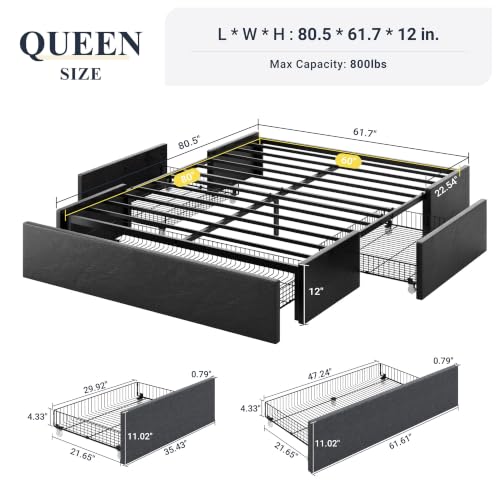 Allewie Queen Size Platform Storage Bed Frame with 3 Drawers, Black | Faux Leather Upholstered, Metal Slats Support, No Box Spring Needed, Noise Free, Easy Assembly - color: Black Leather, size: Queen (U.S. Standard)