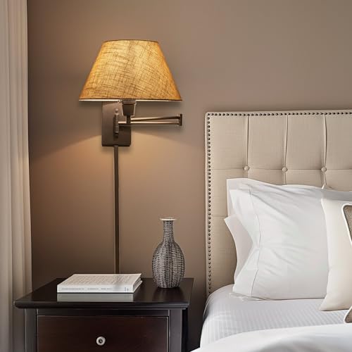 Kira Home Cambridge 15" Modern Swing Arm Wall Sconce with 3-Way Switch | Latte Mocha Empire Fabric Shade, 2-in-1 Plug In or Hardwired Bedroom Wall Lamp, Black Finish - color: Black,Latte Mocha Shade