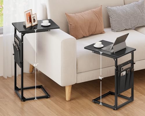 C-Shaped End Table, Small Side Table for Couch, Sofa Table Adjustable Height End Tables Living Room, Bedside Slide Under Couch Table for Sofa, TV Tray Table with Metal Frame for Bedroom,Black - color: Black, style: With Storage Pocket