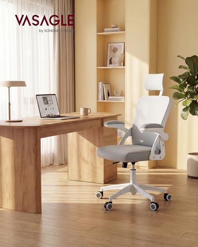 VASAGLE Office Chair, Adjustable Mesh with Lumbar Support and Headrest | Ergonomic desk chair, 90-105° tilt function, wide seat, flip-up armrests, Dove Gray UOBN044GD01S - color: Dove Gray, size: Set of 1, style: Office Chair With Headrest
