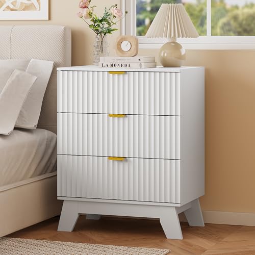 Fluted Nightstand with 3 Large Drawers, Wooden Side End Table with Elevated Legs for Easy Cleaning, Sturdy Modern Beside Table for Small Space, Bedroom, White, 24" L - color: White