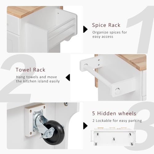 59.3" Rolling Kitchen Island with Trash Can Storage, Mobile Kitchen Storage Island with Drop Leaf, Power Outlet, Pull Out Cabinet Organizer (White) - color: White