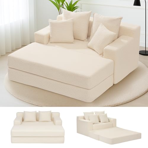 cidludto Convertible Futon Sofa Bed with Ottoman, 5 in 1 Folding Couch Bed Loveseat, Corduroy Boneless Couch with Deep Seat for Living Room Chaise Lounge Chair Indoor, No Assembly Required, Beige - color: Beige, size: Sofa Bed-55''