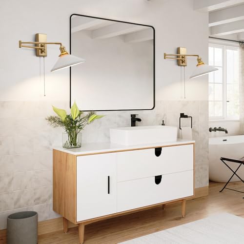 Milk Glass Wall Sconce, Brushed Gold Swing Arm Lamp with Pull Chain | with milk glass shade; 180° adjustable arm for bedroom reading and vanity lighting; E26 - color: A-1Pack