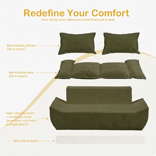 56" Boneless Loveseat, 2-Seater Green Boneless Sofa with Removable Cushions & 2 Pillows, Small Boneless Couch Deep Seat Compress Foam Sofa for Living Room, Apartments, & Office - color: Green, size: Loveseat（56")