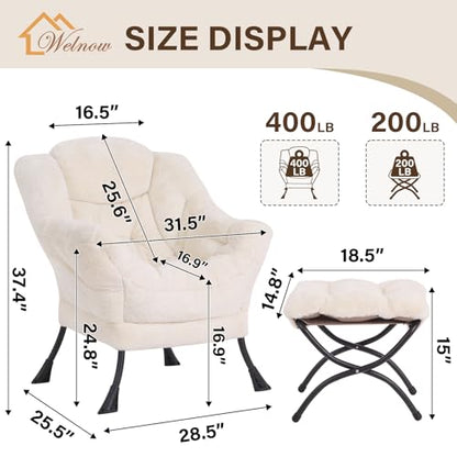 Welnow Lazy Chair with Ottoman, Reading Chair with Footrest, Plush Beige | A Side Pocket,Armrests,Foldable Footrest,Thick Cushioned Seat & Backrest, Lounge Chair for Bedroom,Living Room & Small Space - color: Plush Beige