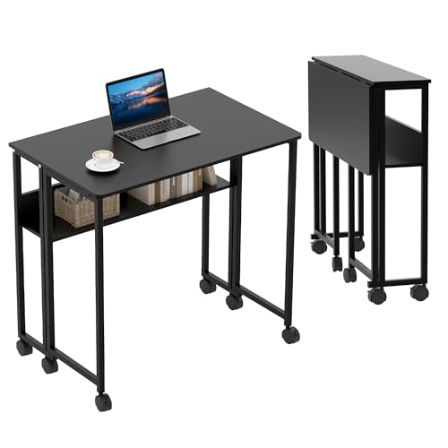 Folding Desk Small Rolling Desk with Storage Shelf,31.5 Inch Foldable Computer Table with Wheels,Portable Office Desk for Small Space Sofa Table,Easy to Fold,Writing Work Office Computer Desk,Black - color: 31.5" Black