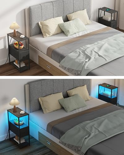 TUTOTAK Small Narrow LED End Table with Charging Station, Set of 2 | Side Table with Outlets, Nightstand with Cloth Drawer, Couch Table for Living Room, Bedroom, Charcoal Grey TB01BY059 - color: Charcoal Grey, style: 1 Drawer with Plug & Light
