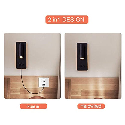 LED wall lamp and reading light two-in-one multifunctional wall sconces. LED Wall Lamp Plug in for Bedroom Bedside Wall Sconces Set of Two Black Reading Light 3W+6W Night Light 3000K(BLACK) - color: Black, size: 2 Pack